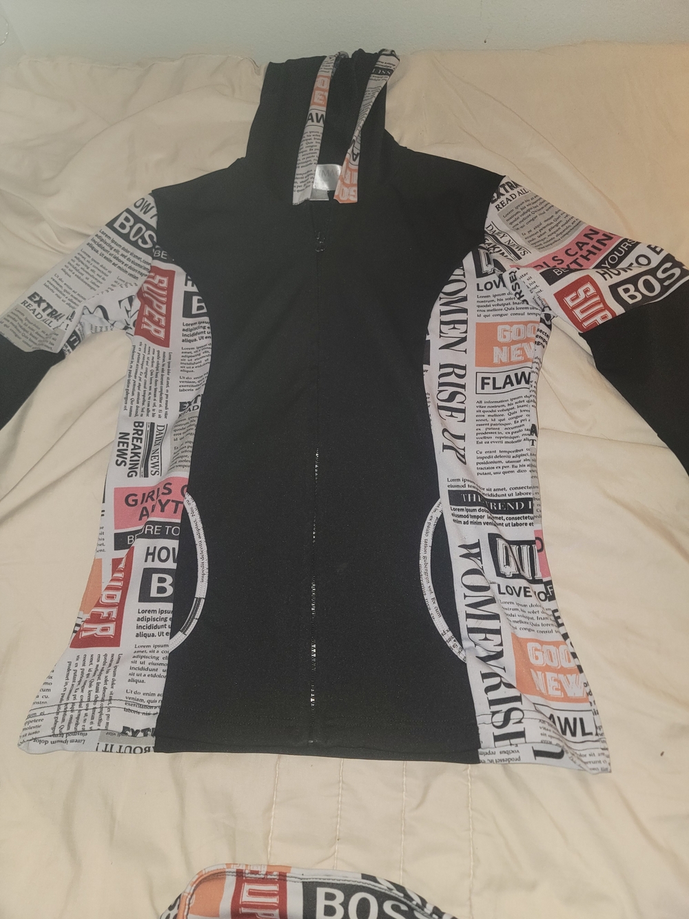 Women's Black Hooded Jacket And Pants with Newspaper Print Panels